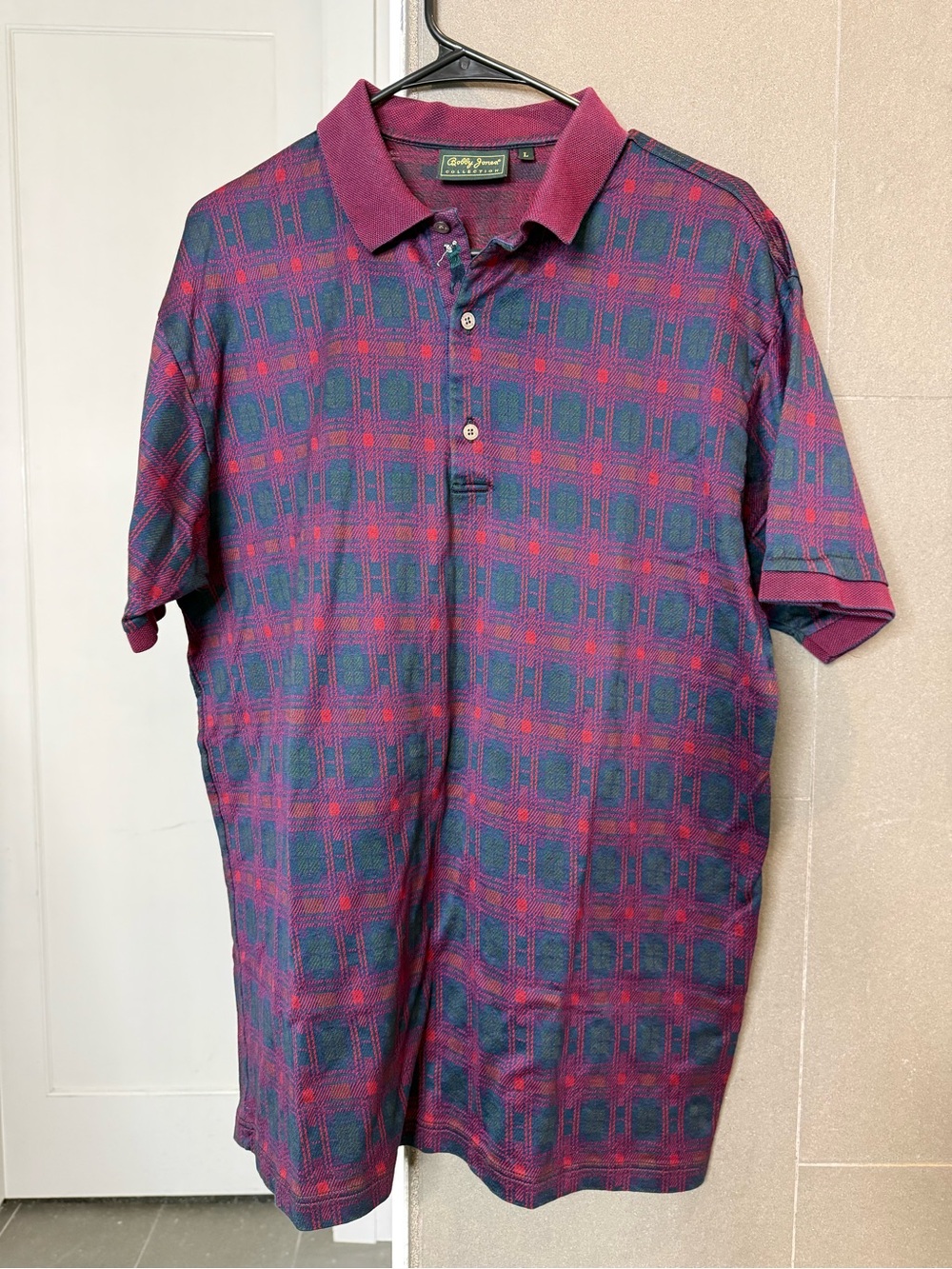 Bobby Jones Collection Men’s L Plaid Golf Polo Shirt Burgundy Navy Green